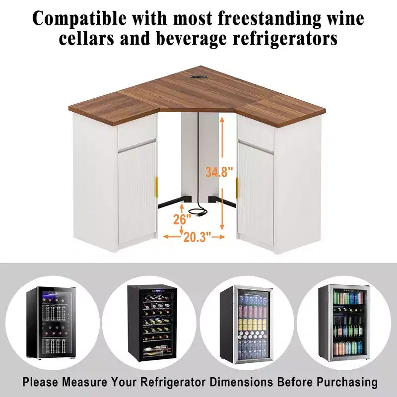 Meuble d'angle de bar avec espace pour réfrigérateur, Station de café d'angle pour la maison