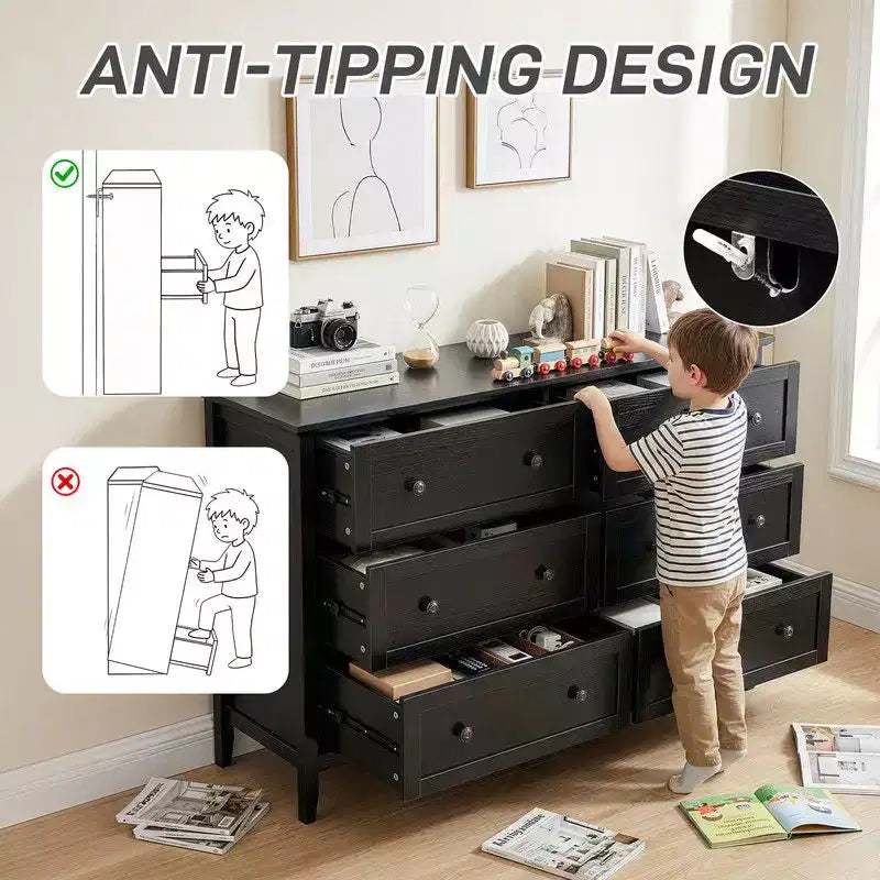 Meuble à six tiroirs de 47 pouces avec poignées doubles, design de cadre et finition mélaminée