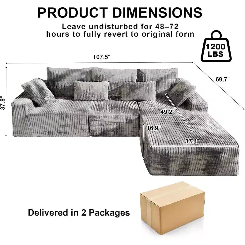 Canapé modulable 107,5, canapé sans accoudoirs en forme de L avec méridienne et coussin pour salon, gris