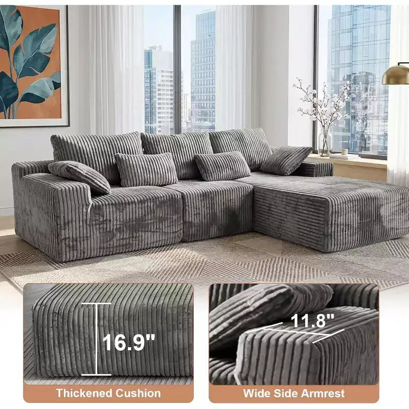 Canapé modulable 107,5, canapé sans accoudoirs en forme de L avec méridienne et coussin pour salon, gris