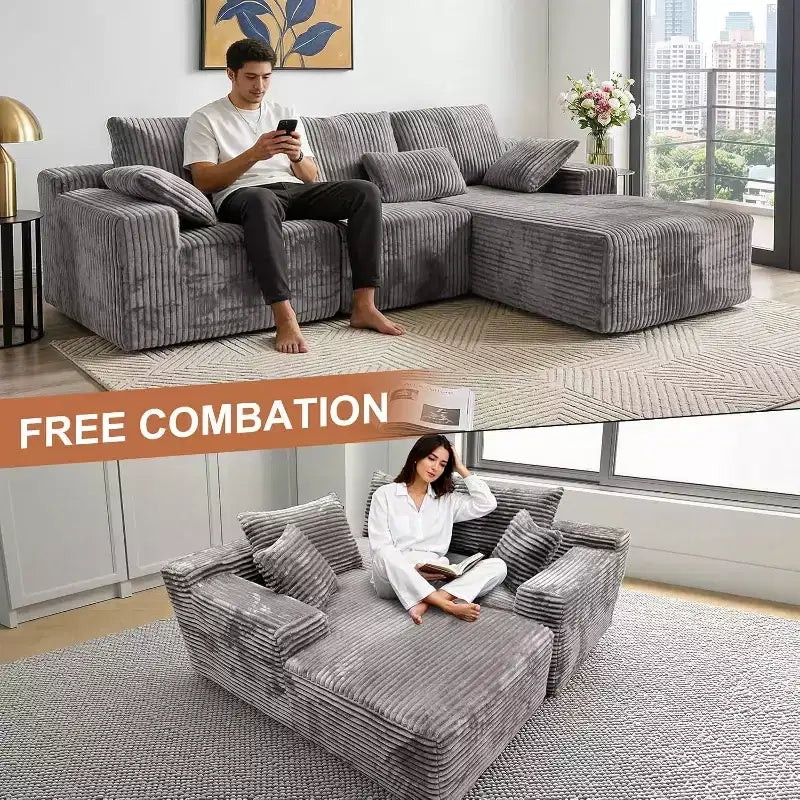Canapé modulable 107,5, canapé sans accoudoirs en forme de L avec méridienne et coussin pour salon, gris
