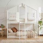 Lit mezzanine cabane de taille double, lit mezzanine cabane en bois avec échelle et barrières de sécurité pour enfants
