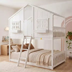 Lit mezzanine cabane de taille double, lit mezzanine cabane en bois avec échelle et barrières de sécurité pour enfants