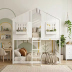 Lit mezzanine cabane de taille double, lit mezzanine cabane en bois avec échelle et barrières de sécurité pour enfants