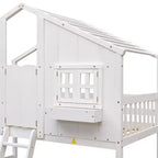 Lit mezzanine cabane de taille double, lit mezzanine cabane en bois avec échelle et barrières de sécurité pour enfants