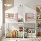 Lit mezzanine cabane de taille double, lit mezzanine cabane en bois avec échelle et barrières de sécurité pour enfants