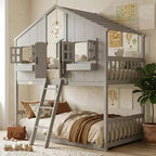 Twin Size House-Shaped Loft Bed, Wood Playhouse Loft Bed with Ladder & Guardrails for Kids