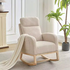 Modern Upholstered Rocking Chair Glider w/ High Backrest & Headrest, Wingback Accent Armchair w/ Side Pockets & Wood Legs for Nursery, Lounge