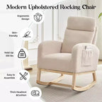 Fauteuil à bascule et planeur rembourré moderne avec dossier et appuie-tête hauts, fauteuil d'appoint à oreilles avec poches latérales et pieds en bois pour chambre de bébé, salon
