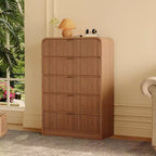 Fluted 5-Drawer Tall Dresser w/ Rounded Edges, Modern Walnut Wood Chest of Drawers, Freestanding Storage Cabinet for Bedroom & Living Room