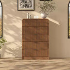 Commode haute à 5 tiroirs cannelés avec bords arrondis, commode moderne en bois de noyer, armoire de rangement autoportante pour chambre et salon