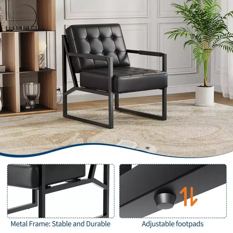 Fauteuil d'appoint en cuir, fauteuil avec accoudoirs de style moderne du milieu du siècle avec pieds en métal, chaise de lecture et de détente à dossier haut pour salon et chambre