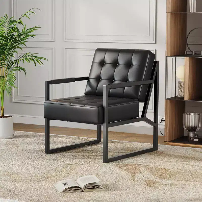 Fauteuil d'appoint en cuir, fauteuil avec accoudoirs de style moderne du milieu du siècle avec pieds en métal, chaise de lecture et de détente à dossier haut pour salon et chambre