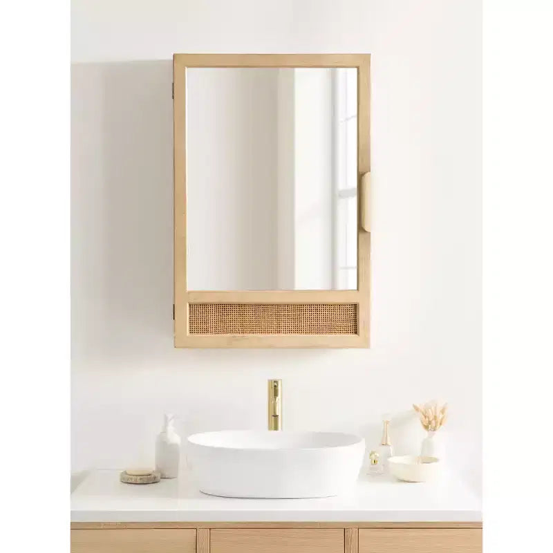 Meuble de salle de bain avec miroir en rotin