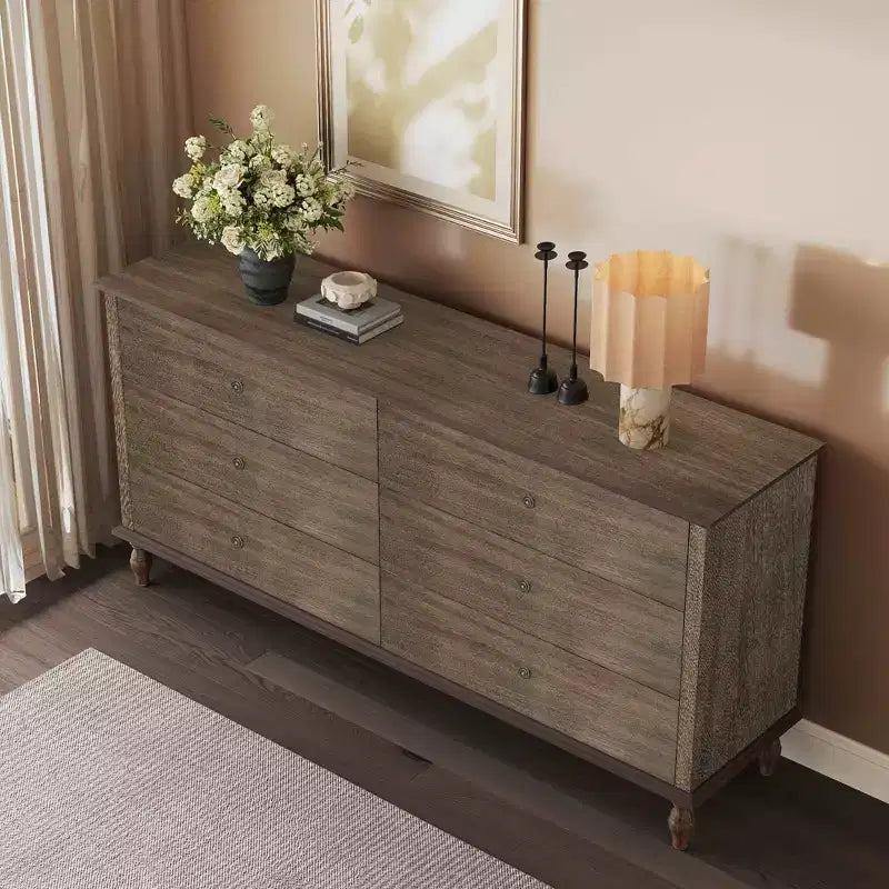 Meuble de rangement moderne en bois de 63 pouces avec 6 tiroirs et poignées en cuivre