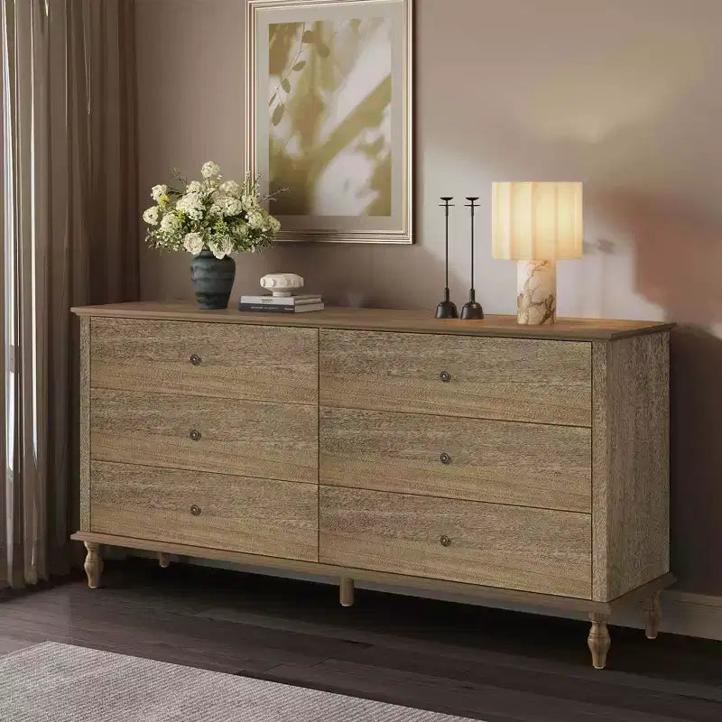 Meuble de rangement moderne en bois de 63 pouces avec 6 tiroirs et poignées en cuivre