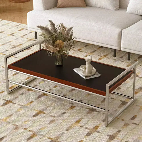 50 Mid-Century Modern Industrial Coffee Table - Dual-Height Adjustable Metal Frame with Walnut Finish Top - Black/Chrome Gaoyangjiaju