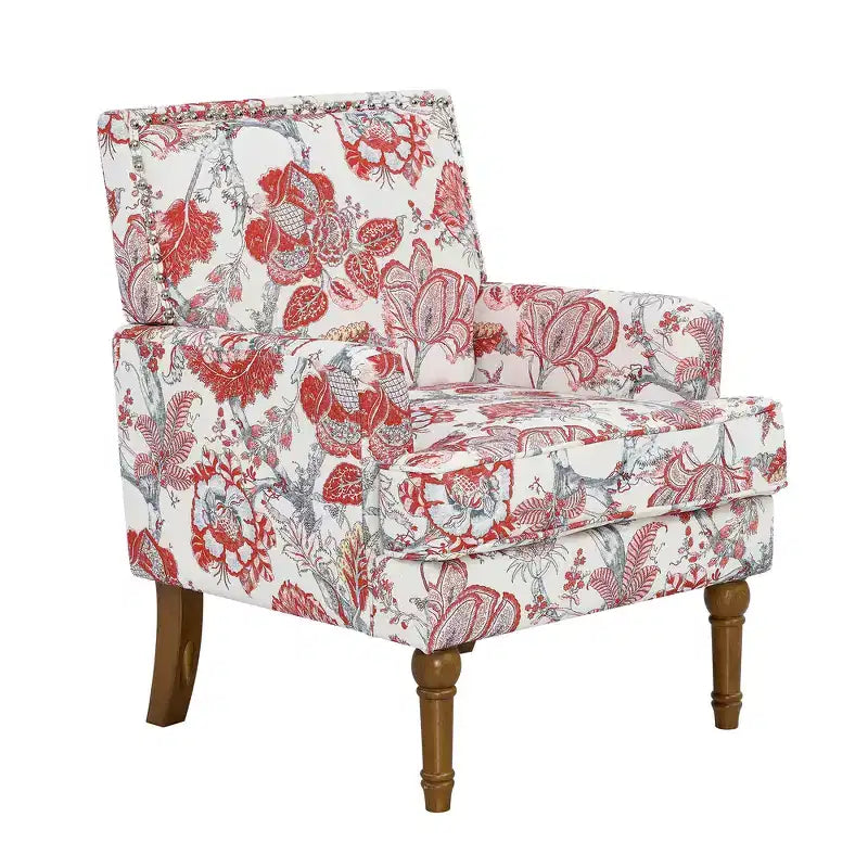 Fauteuil d'appoint capitonné floral avec garniture cloutée, pieds en bois massif