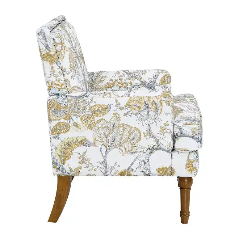 Fauteuil d'appoint capitonné floral avec garniture cloutée, pieds en bois massif