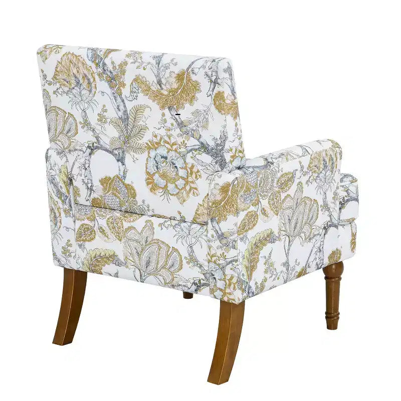 Fauteuil d'appoint capitonné floral avec garniture cloutée, pieds en bois massif