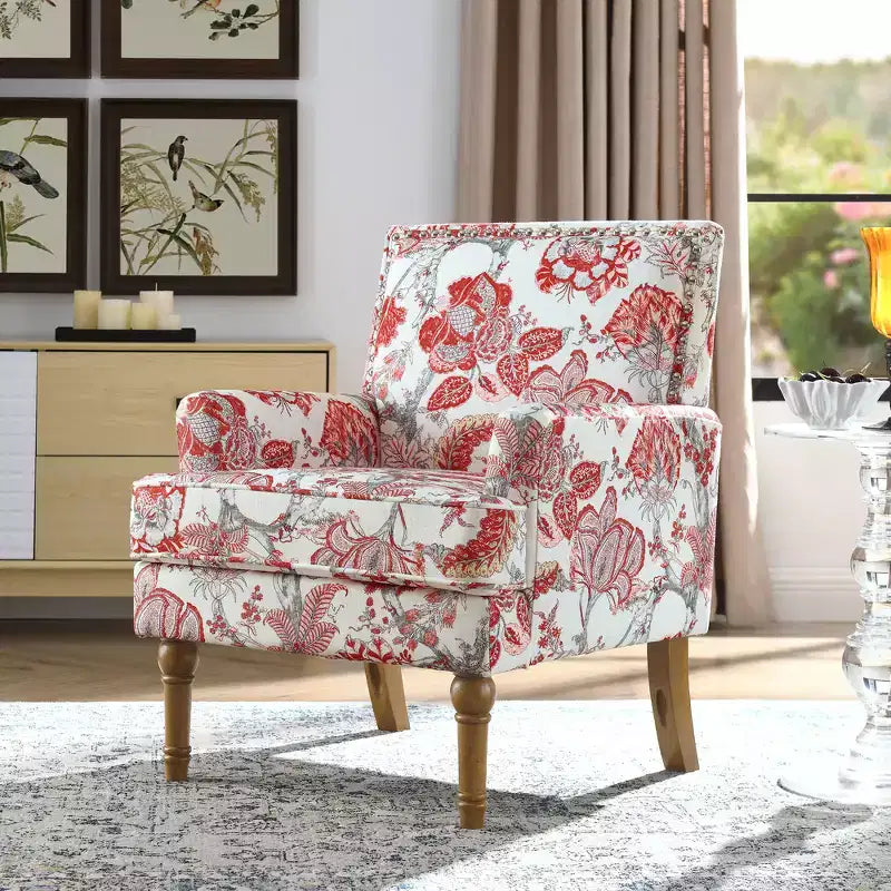 Fauteuil d'appoint capitonné floral avec garniture cloutée, pieds en bois massif