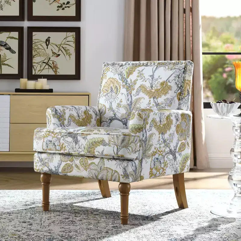 Fauteuil d'appoint capitonné floral avec garniture cloutée, pieds en bois massif