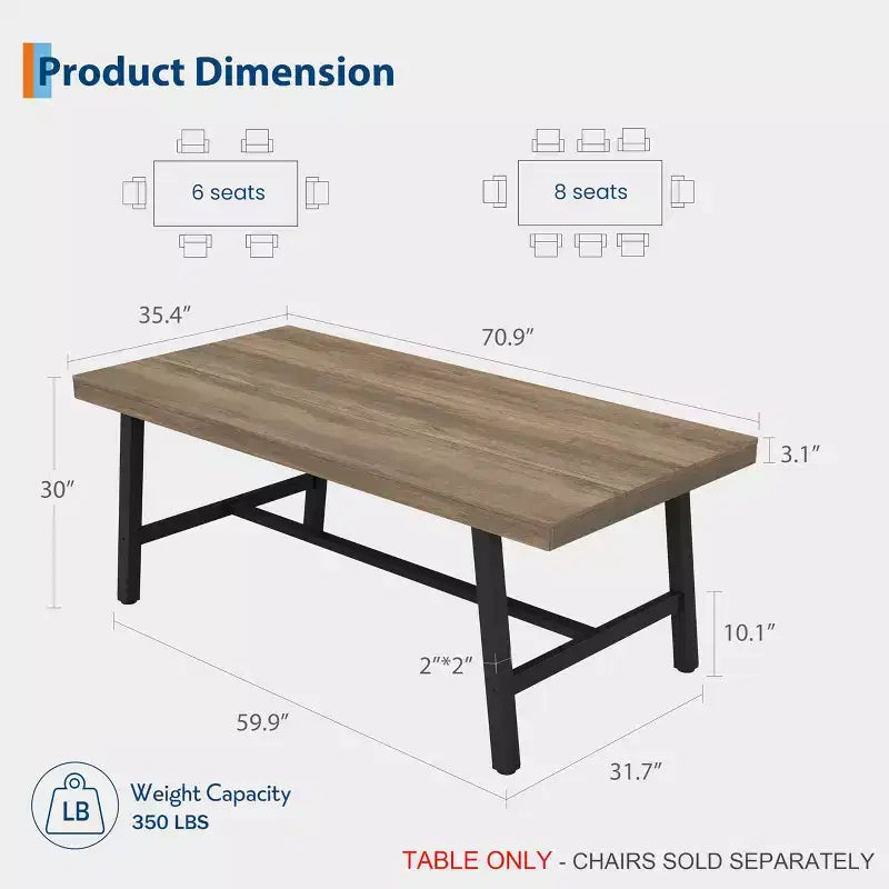 Table à manger industrielle de 180 cm pour 6-8 personnes avec cadre métallique