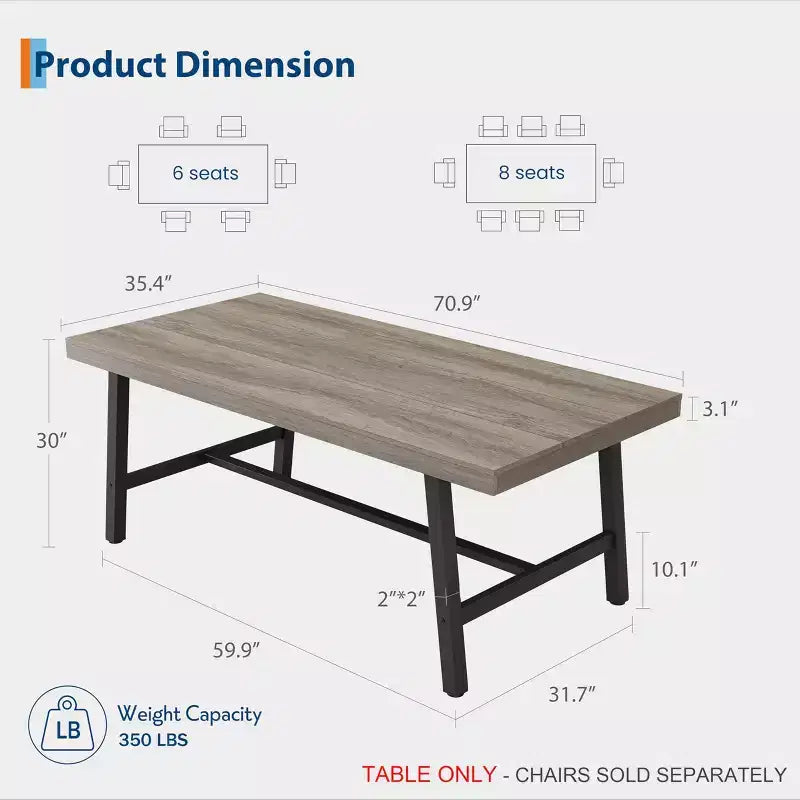 Table à manger industrielle de 180 cm pour 6-8 personnes avec cadre métallique
