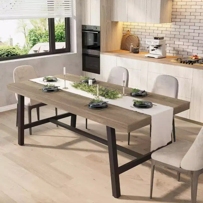 Table à manger industrielle de 180 cm pour 6-8 personnes avec cadre métallique