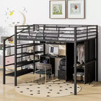 Bellemave Full Metal Loft Bed with Desk, Wardrobe & Storage Ladder, Modern Space-Saving Bed Frame with Guardrails & Slats, No Box Spring, Black