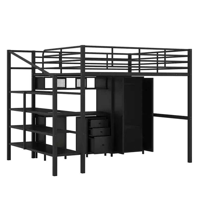 Lit mezzanine en métal avec bureau, armoire et échelle de rangement, noir