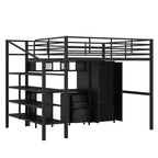 Lit mezzanine en métal avec bureau, armoire et échelle de rangement, noir
