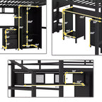 Lit mezzanine en métal avec bureau, armoire et échelle de rangement, noir