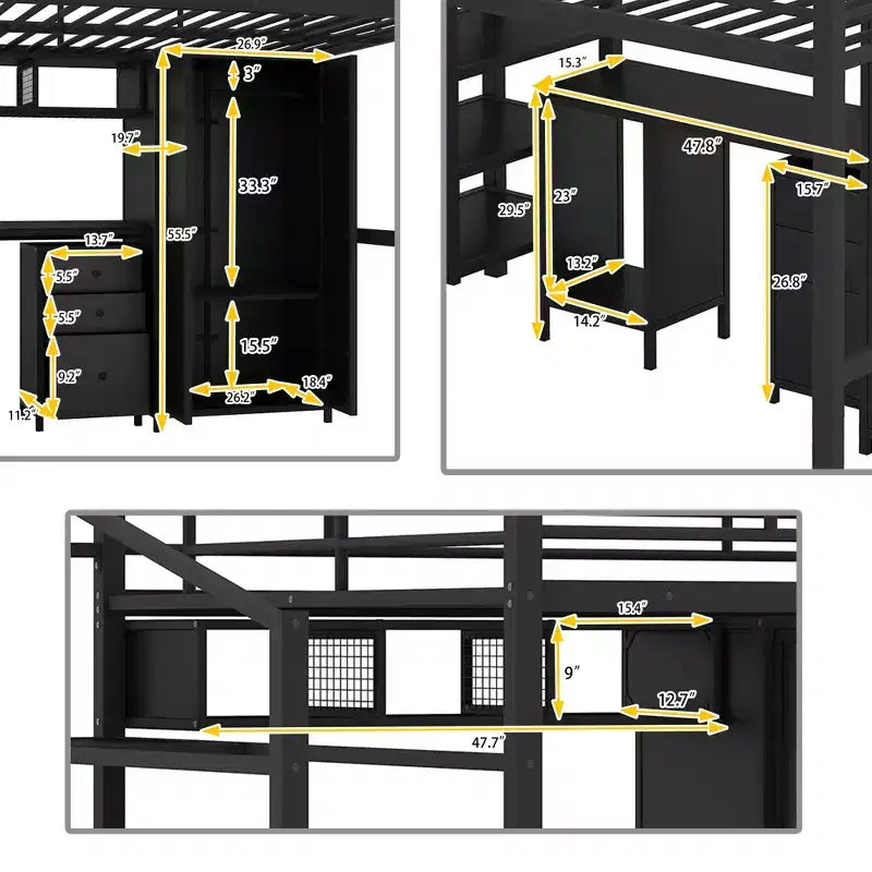 Lit mezzanine en métal avec bureau, armoire et échelle de rangement, noir