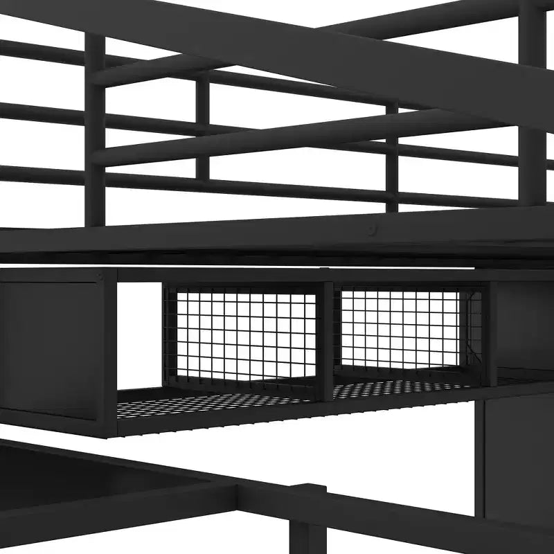 Lit mezzanine en métal avec bureau, armoire et échelle de rangement, noir