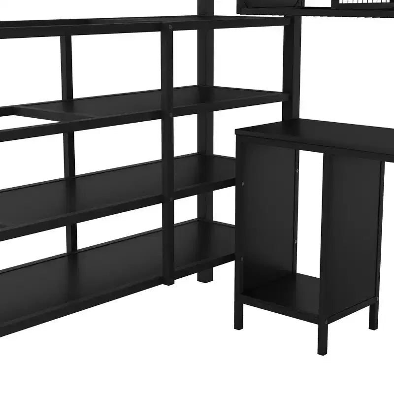 Lit mezzanine en métal avec bureau, armoire et échelle de rangement, noir