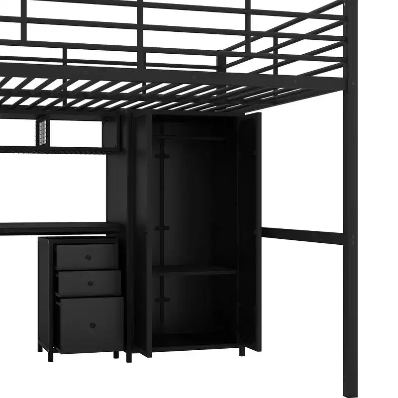 Lit mezzanine en métal avec bureau, armoire et échelle de rangement, noir