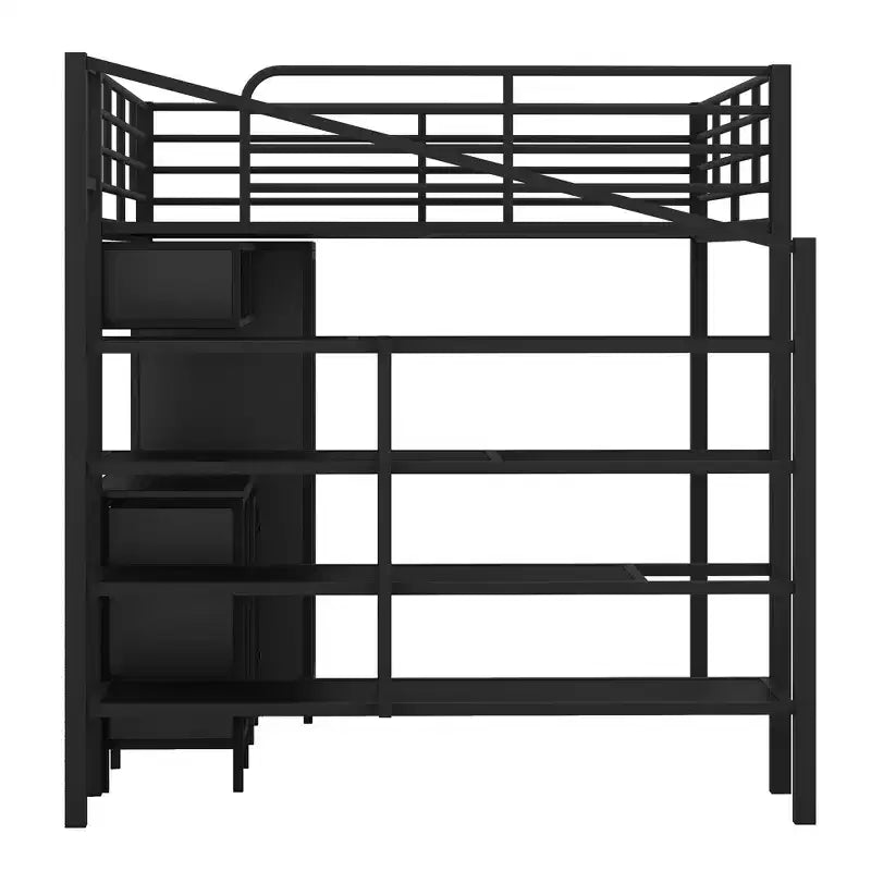 Lit mezzanine en métal avec bureau, armoire et échelle de rangement, noir