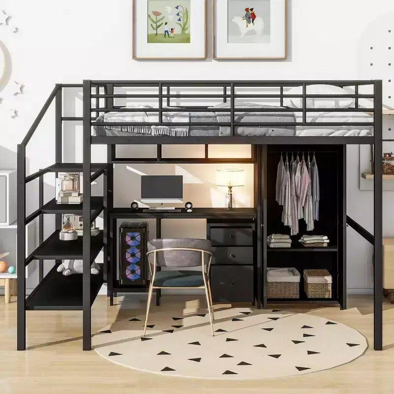 Lit mezzanine en métal avec bureau, armoire et échelle de rangement, noir