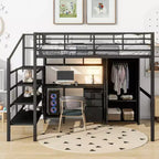 Lit mezzanine en métal avec bureau, armoire et échelle de rangement, noir