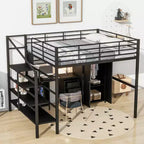 Lit mezzanine en métal avec bureau, armoire et échelle de rangement, noir