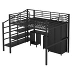 Lit mezzanine en métal avec bureau, armoire et échelle de rangement, noir