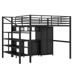 Lit mezzanine en métal avec bureau, armoire et échelle de rangement, noir