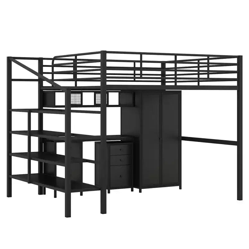 Lit mezzanine en métal avec bureau, armoire et échelle de rangement, noir
