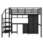 Lit mezzanine en métal avec bureau, armoire et échelle de rangement, noir