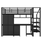 Lit mezzanine en métal avec bureau, armoire et échelle de rangement, noir