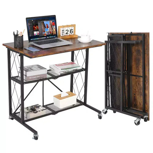 Foldable Rolling Desk 31.5 Inch with Wheels, No Assembly 3 Tier Metal Wire Shelf Cart, Portable Computer Table with Lockable Casters for Kitchen Livi