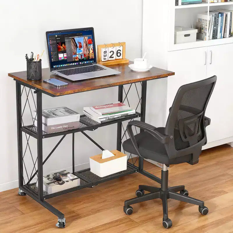 Bureau roulant pliable de 31,5 pouces avec roues et chariot de rangement à 3 niveaux en fil métallique
