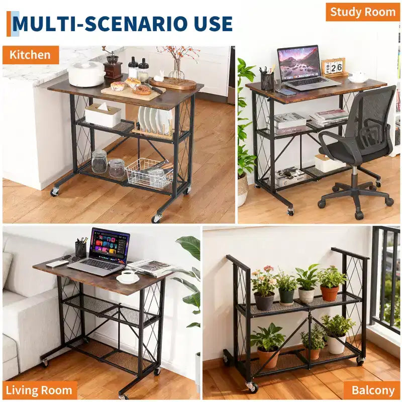 Bureau roulant pliable de 31,5 pouces avec roues et chariot de rangement à 3 niveaux en fil métallique