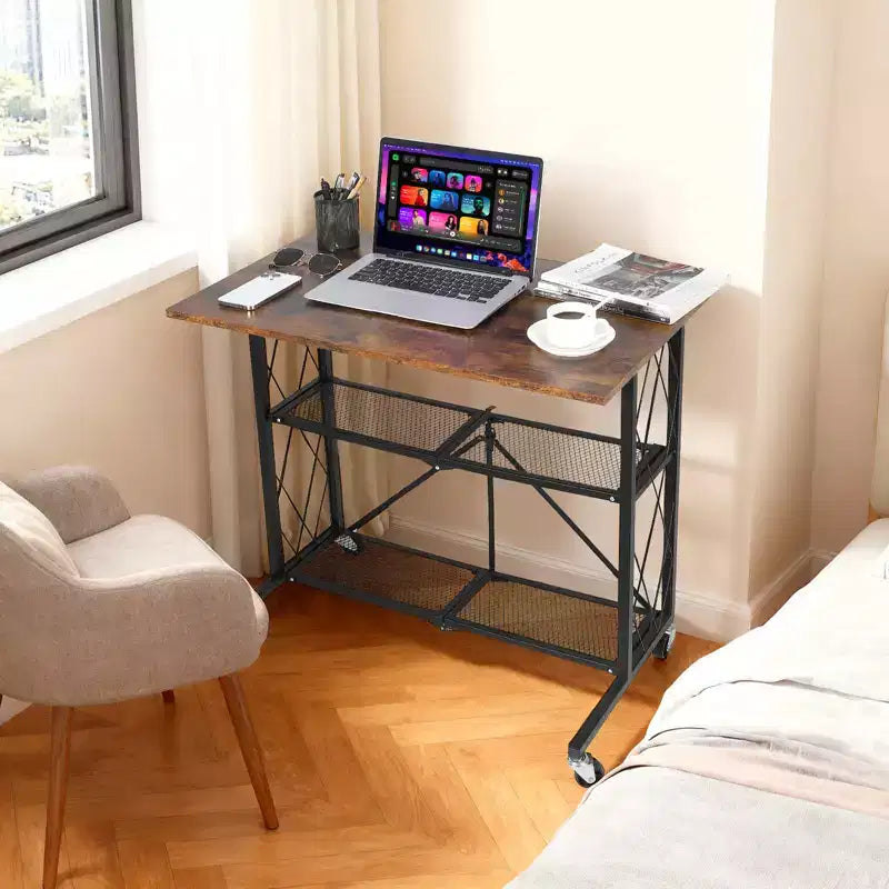 Bureau roulant pliable de 31,5 pouces avec roues et chariot de rangement à 3 niveaux en fil métallique